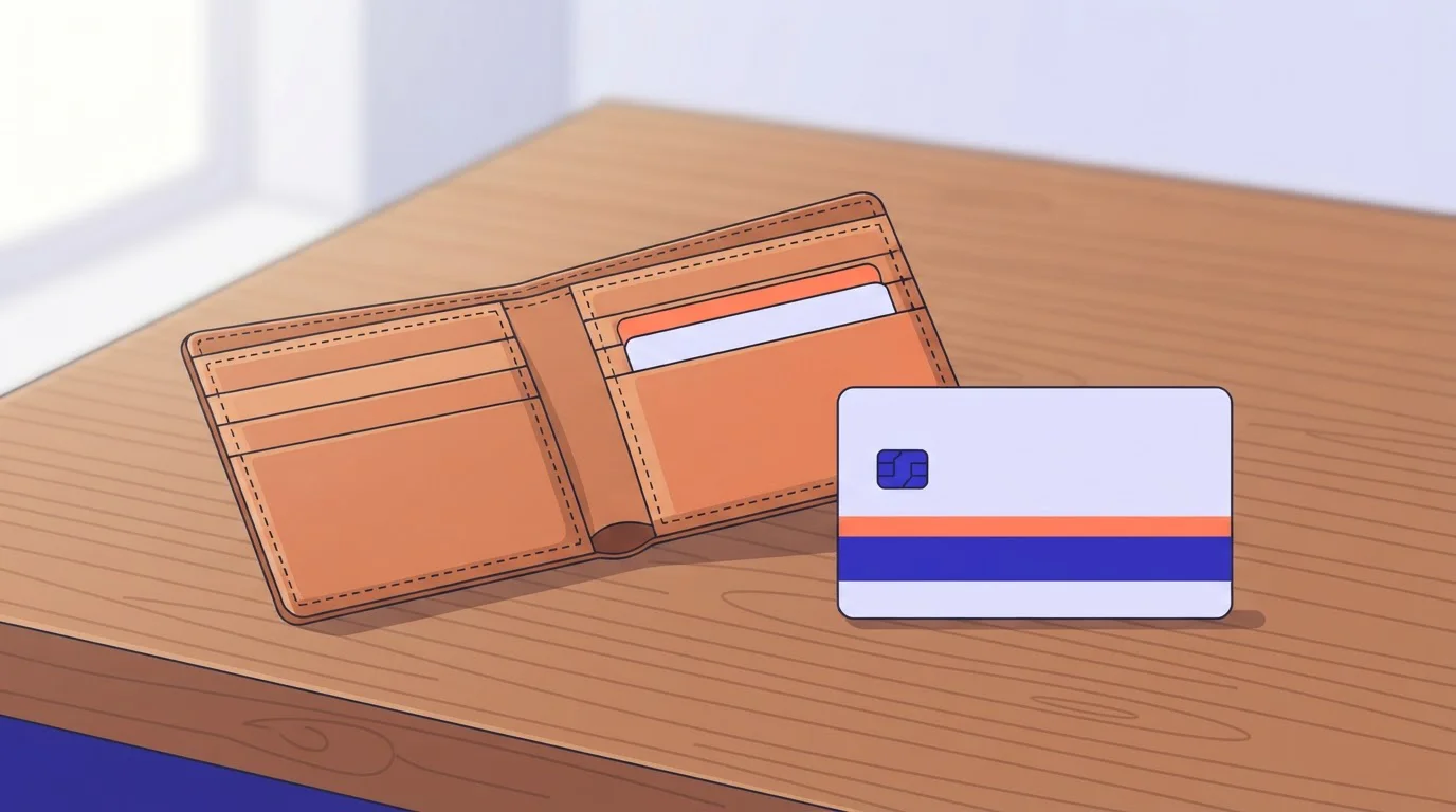 Bankkarte und Lederportemonnaie auf einem Schreibtisch
