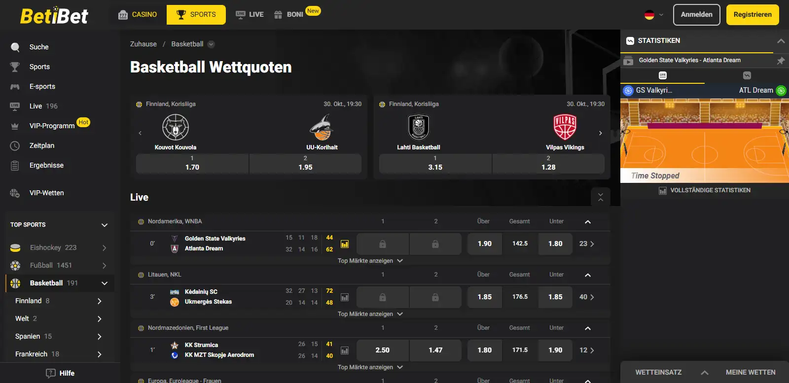 BetiBet Basketballbereich mit Wettbewerben und Wettmärkten für Spiele