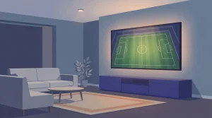 Fernseher mit beleuchtetem Sportfeld neben einem Sofa im Wohnzimmer