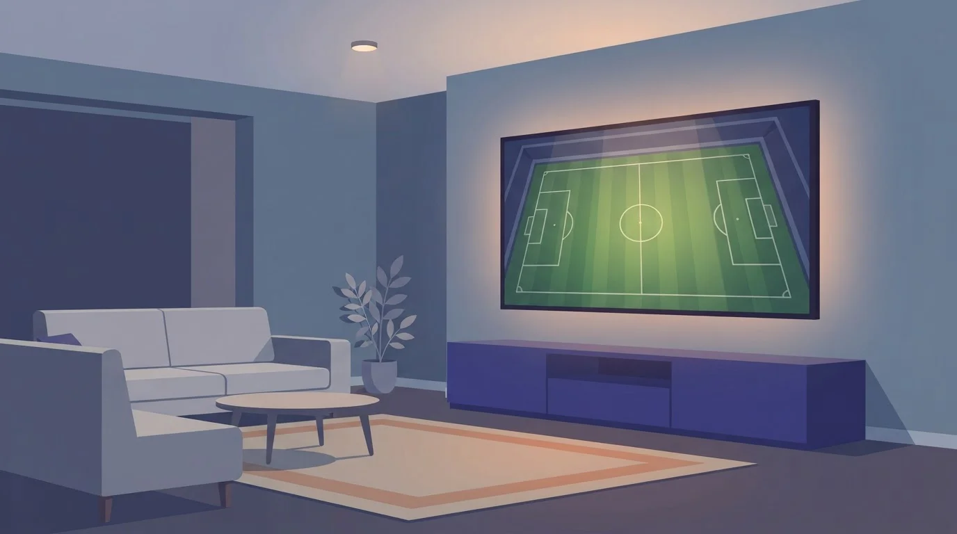 Fernseher mit beleuchtetem Sportfeld neben einem Sofa im Wohnzimmer