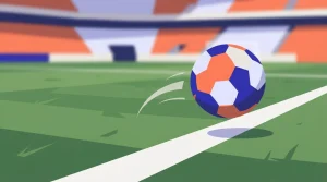 Fußball fliegt über einem grünen Spielfeld mit unscharfem Hintergrund