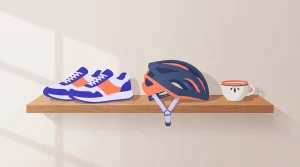 Sportschuhe und Fahrradhelm neben einer Tasse auf einem Holzregal
